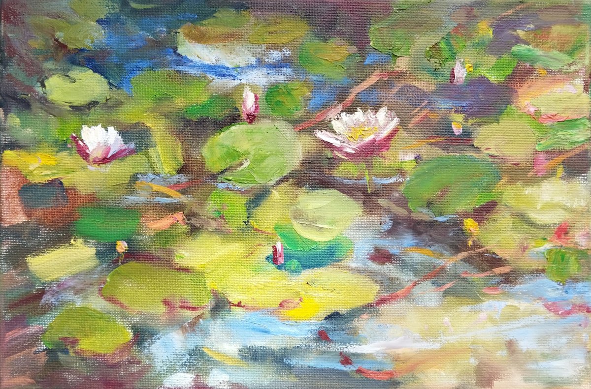 Impressionistic Landscape Oil Painting By Ann Krasikova, 12 X 8, Water Lilies, Original Artwork