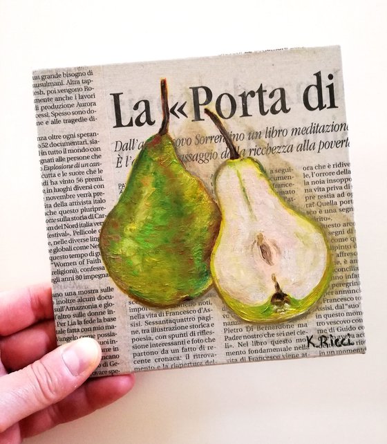 "Pear on Newspaper" Original Oil on Canvas Board Painting 6 by 6 inches (15x15 cm)
