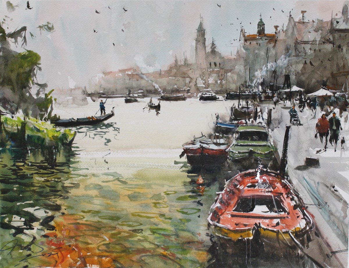 Impressionistic Cityscapes Watercolour By Maximo Damico, 18 X 13", Venice Lagoon, Original Artwork