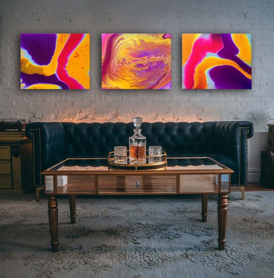 "Mix And Match" - FREE USA SHIPPING - Original Triptych, Abstract PMS Fluid Acrylic Paintings Series - 60" x 16"