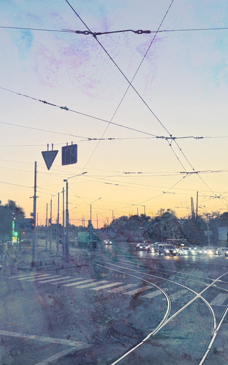 Expressive Cityscapes C-Type Print By Yuliia Sharapova, 13 X 21", Photocollage Night Cityscape, Original Artwork