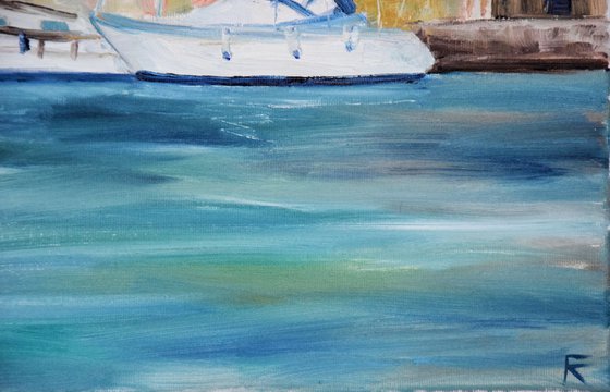 Ships oil painting, seascape original canvas art, Greece landscape artwork