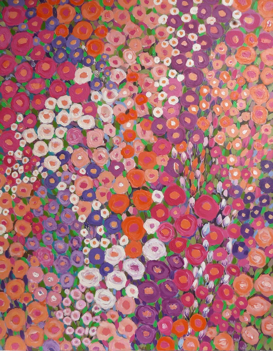 Abstract Botanical Acrylic Painting By Mima Taneva, 31 X 39", Rose Garden, Original Artwork