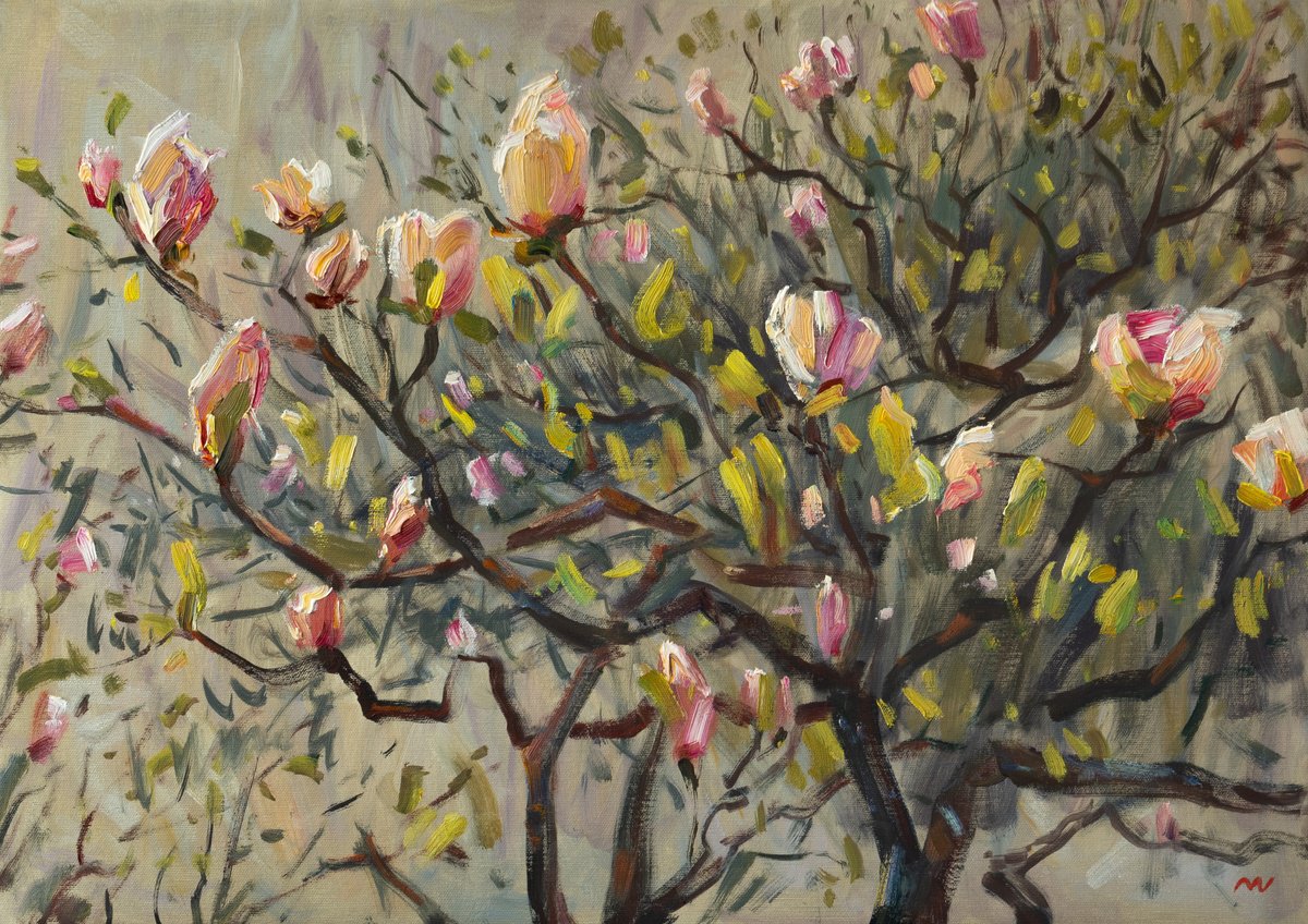 Impressionistic Landscape Oil Painting By Vasyl Moldavchuk, 28 X 20", Blooming Magnolia, Original Artwork