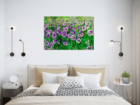 FIELD OF PURPLE PINK WHITE  ROSES  palette knife modern decor MEADOW OF FlOWERS, LANDSCAPE,  office home decor gift