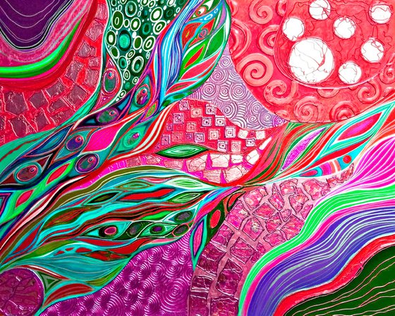 Viva Magenta Love - Large red green lilac abstract painting 100x80 cm