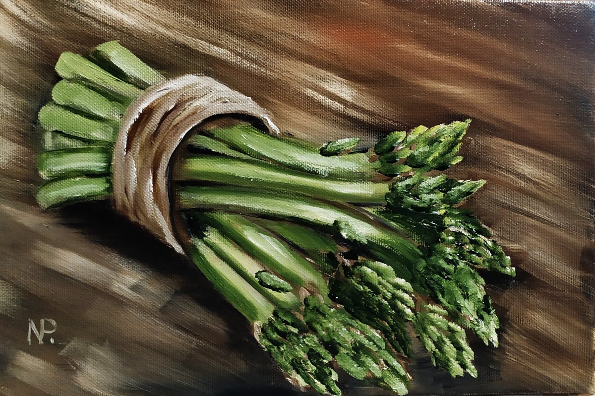 Asparagus, original still life small oil painting, gift for home by Nataliia Plakhotnyk