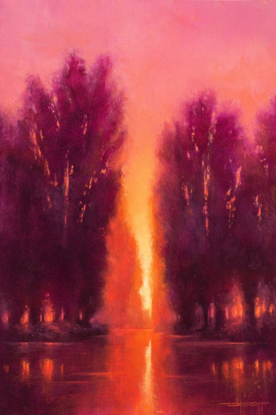 Sunset Trees Reflections impressionist sunset landscape