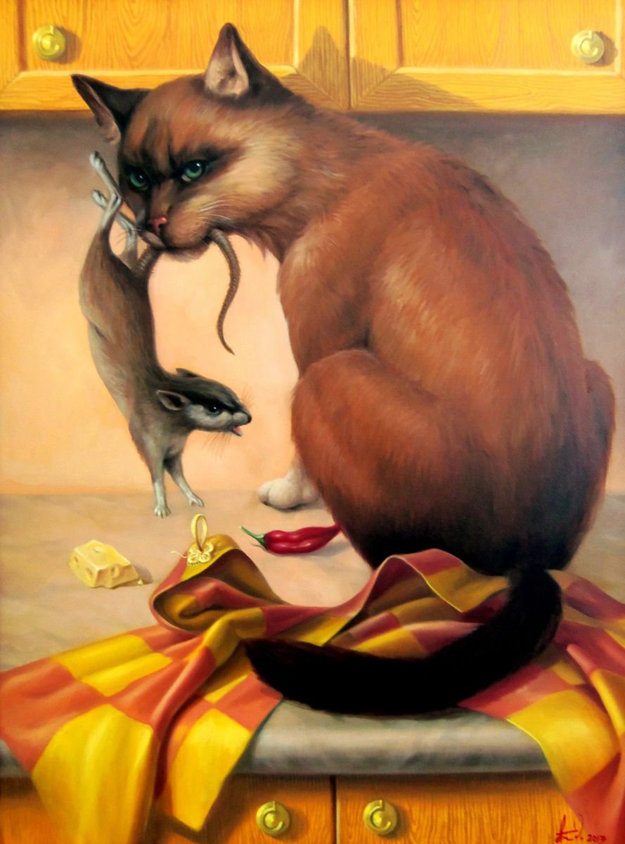 Surrealistic Animal Oil Painting By Artush Voskanian, 24 X 31, The Cat, Original Artwork