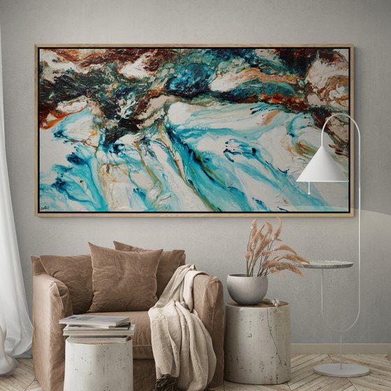 Crushed Southern Coast 190cm x 100cm Teal Oxide White Textured Abstract Art