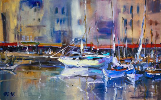 View of Honfleur harbor, France. Original oil painting boats normandy seascape landscape interior muted colorful