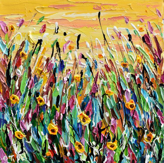 Yellow Flowers Meadow - Abstract Floral Painting, Textured Palette Knife Art