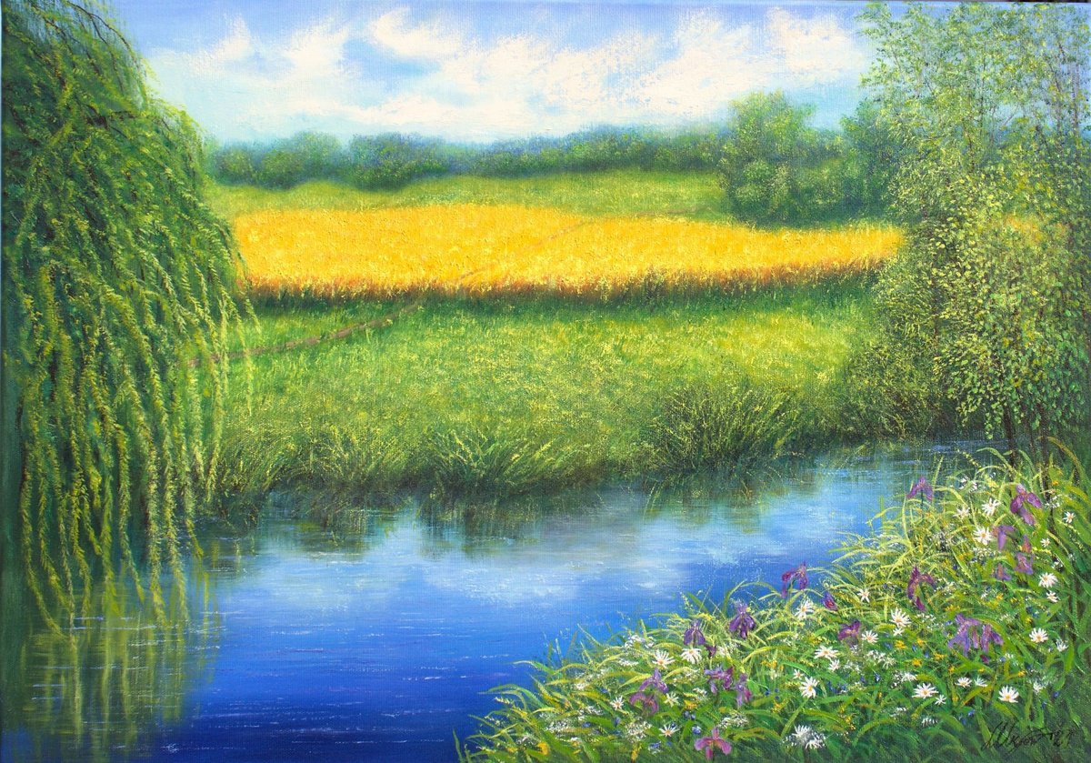 Photorealistic Landscape Oil Painting By Ludmilla Ukrow, 28 X 20", Summertime, Original Artwork