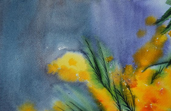 Flowers original watercolor painting Yellow mimosa in vase, spring still life