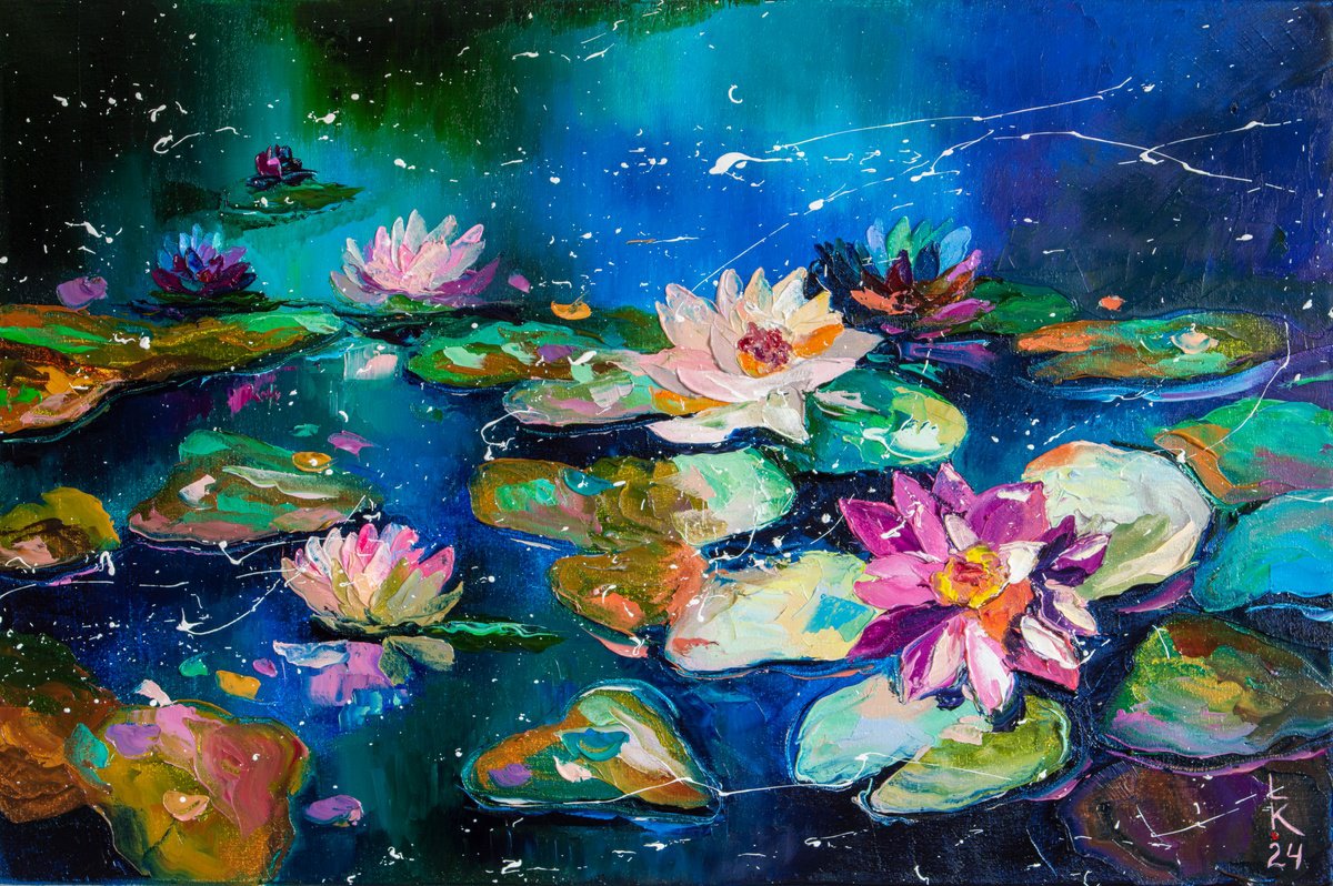 Impressionistic Botanical Oil Painting By Liubov Kuptsova, 24 X 16", Charming Water Lilies, Original Artwork