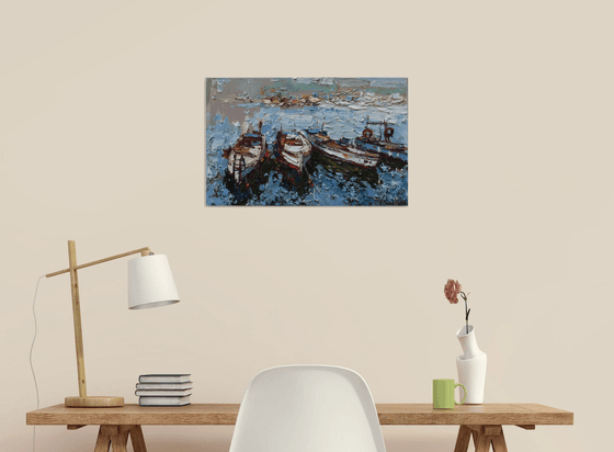 Boats in the bay - Original oil painting