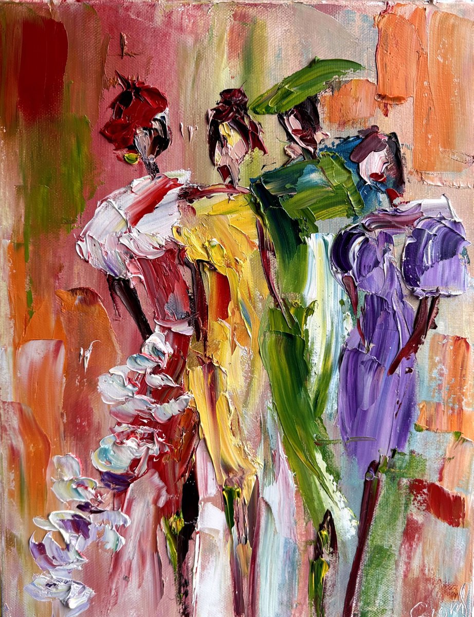 Impressionistic Abstract Oil Painting By Oksana Fedorova, 12 X 16", Fashion Girls Abstract, Original Artwork