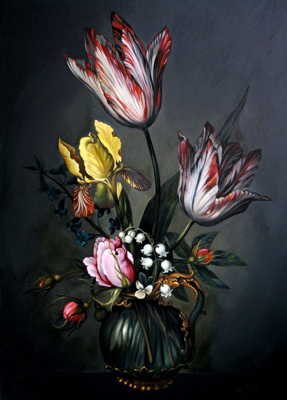 Floral dutch stil life Tulips Black background Flowers in antuque vase Flowers oil painting
