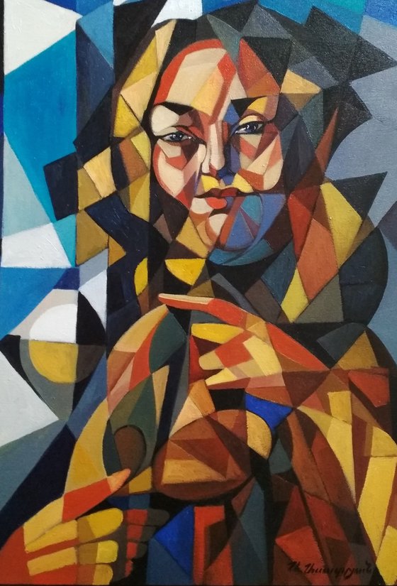 In front of the mirror (60x50cm, cubism, oil painting, ready to hang)