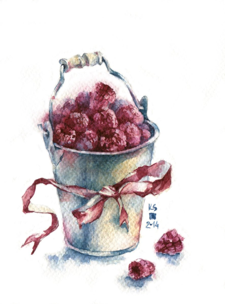 A bucket of raspberries watercolor food illustration by Ksenia Selianko
