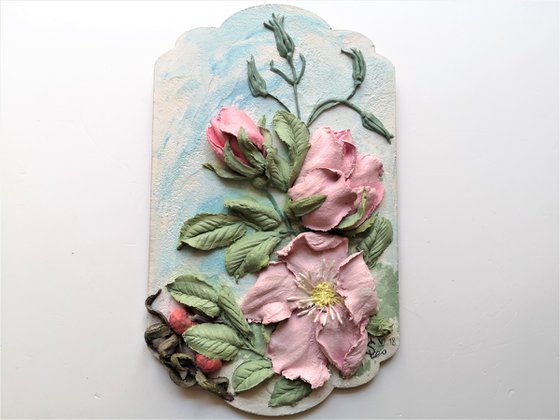 Summer rosehip - light bas-relief with pink dogrose flowers 25x15x3 cm.