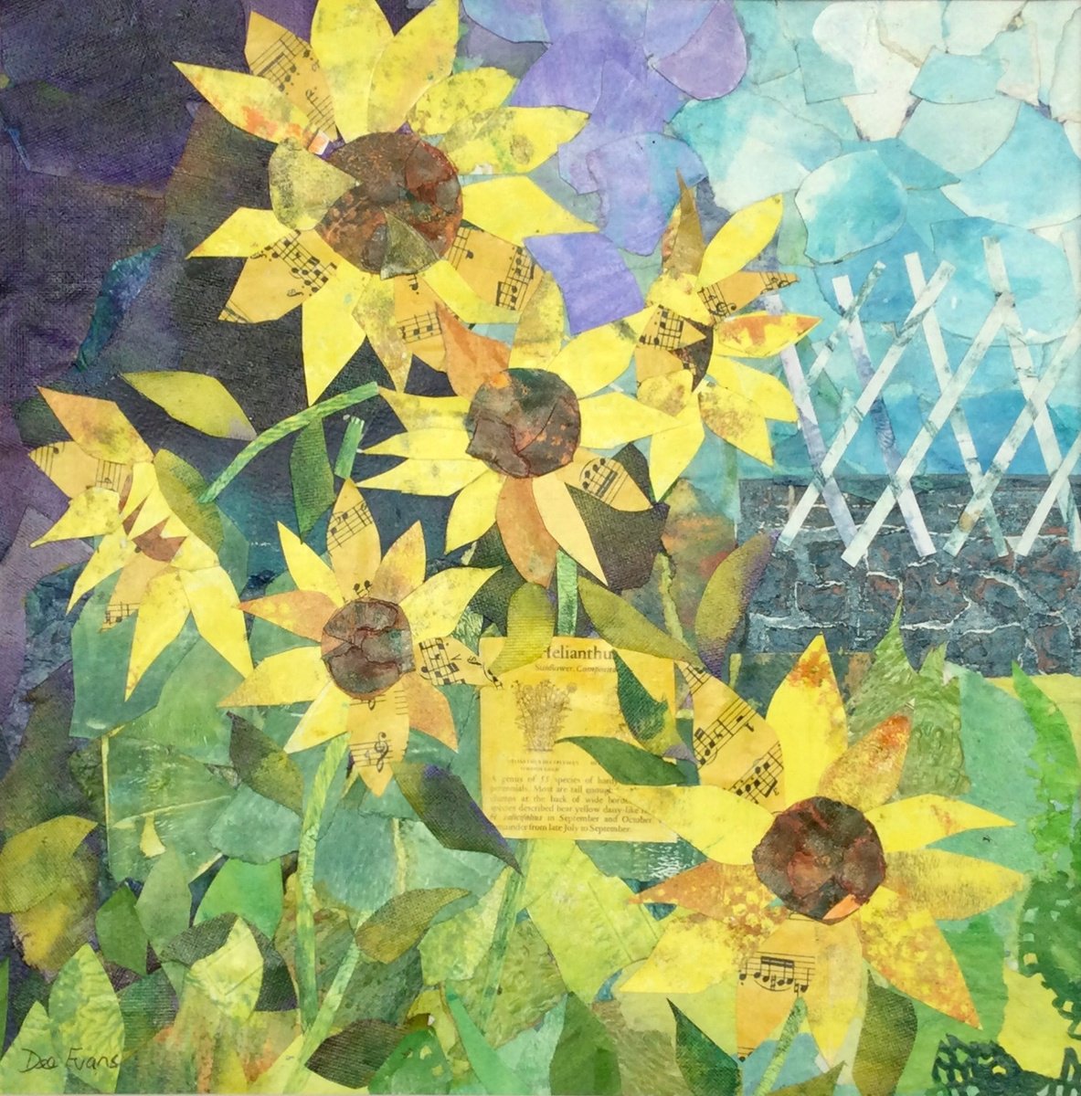 Botanical Collage By Dee Evans, 20 X 20, Song Of Sunflowers, Original Artwork