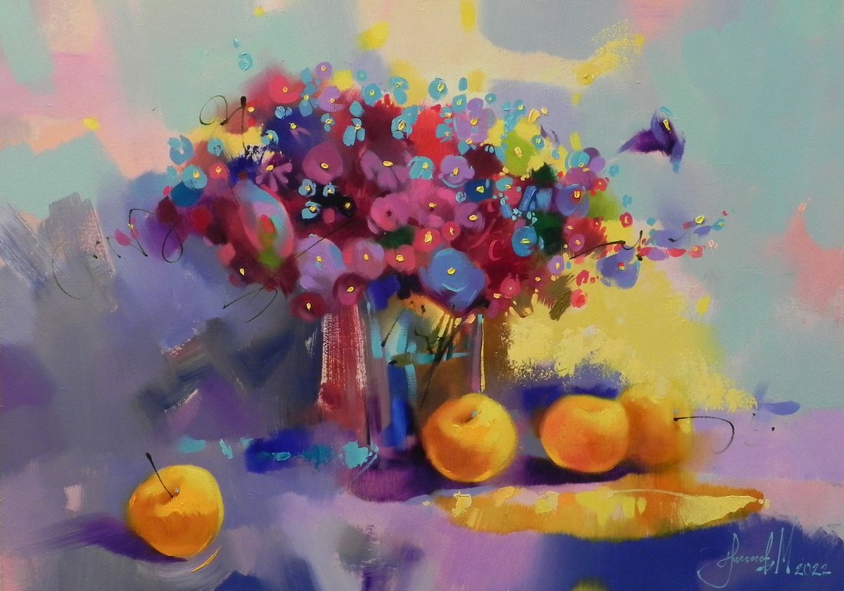 Abstract Still Life Oil Painting By Mykhailo Novikov, 28 X 20", "Bouquet Of Flowers" 2022, Original Artwork
