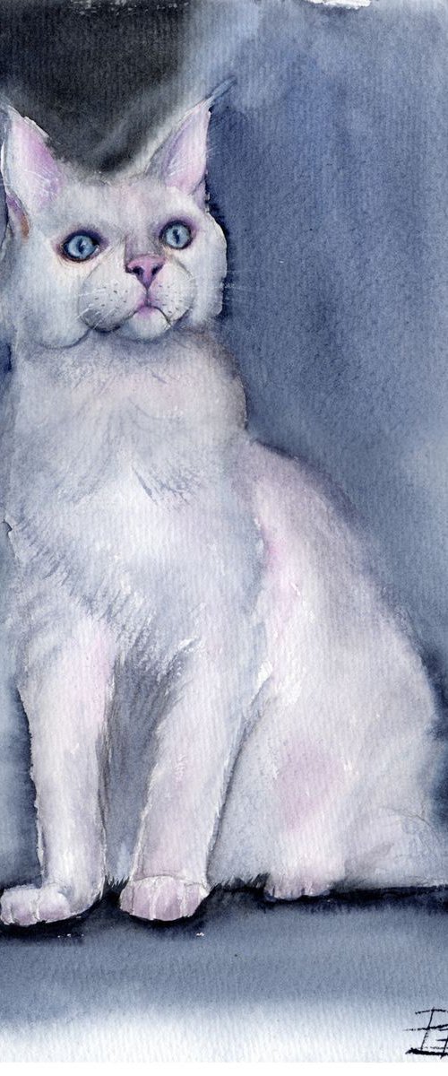 White cat Original Watercolor Painting by Olga Tchefranov (Shefranov)