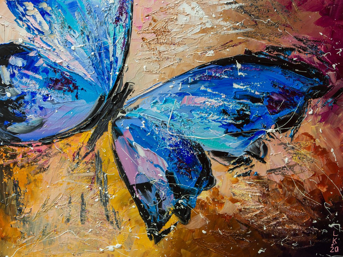 Impressionistic Animal Oil Painting By Liubov Kuptsova, 16 X 12", Blue Butterfly, Original Artwork