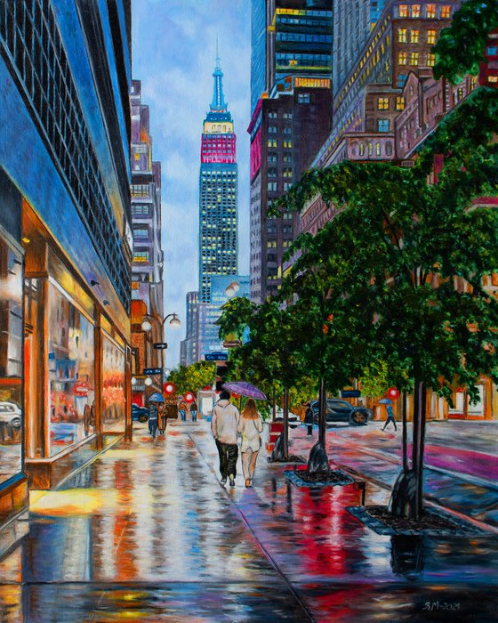 A rainy night in New York City by Vera Melnyk - ( sityscape oil painting, Modern Home Decor, gift, New York Lovers)