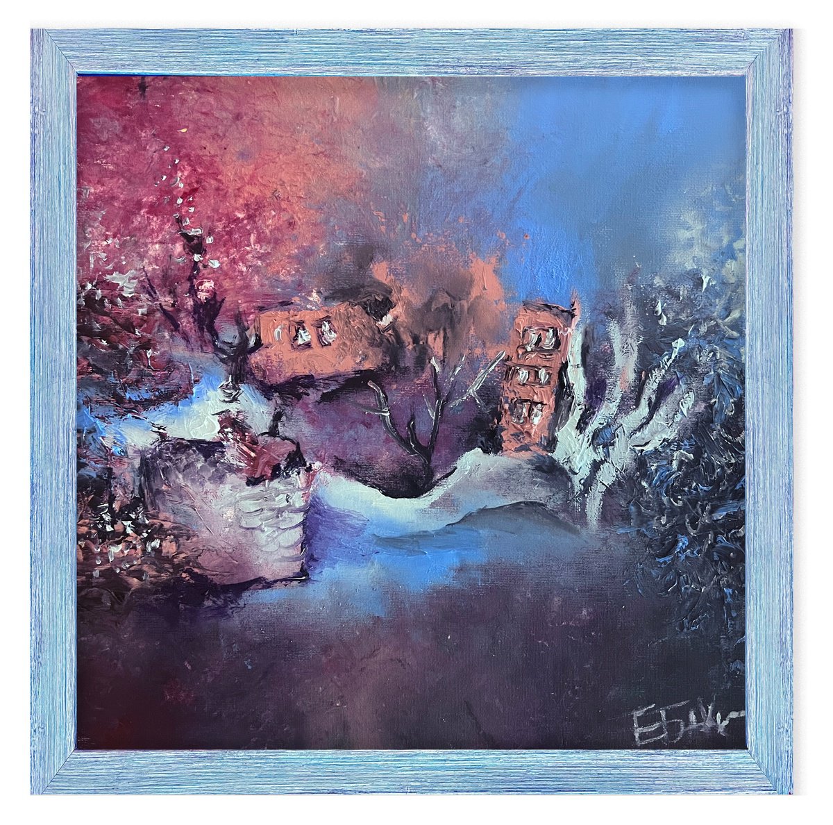 Impressionistic Landscape Oil Painting By Eleonora Bakalova, 18 X 18, Winter Warm, Original Artwork