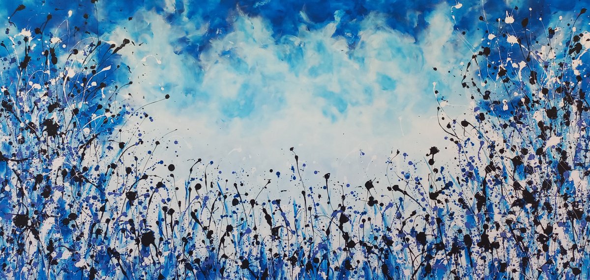 Abstract Acrylic Painting By Max Yaskin, 84 X 42", Blue Meadow By M.y., Original Artwork