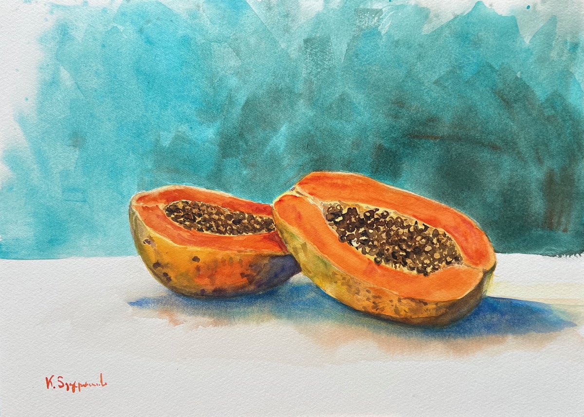 Impressionistic Botanical Watercolour By Krystyna Szczepanowski, 14 X 10", Papayas, Original Artwork
