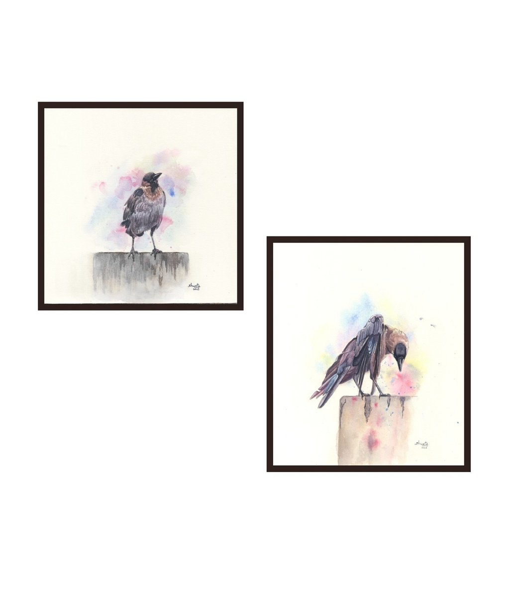 Photorealistic Watercolour , Crows Diptych By Shweta Mahajan, 7 X 8, Artwork For Sale On Artfinder