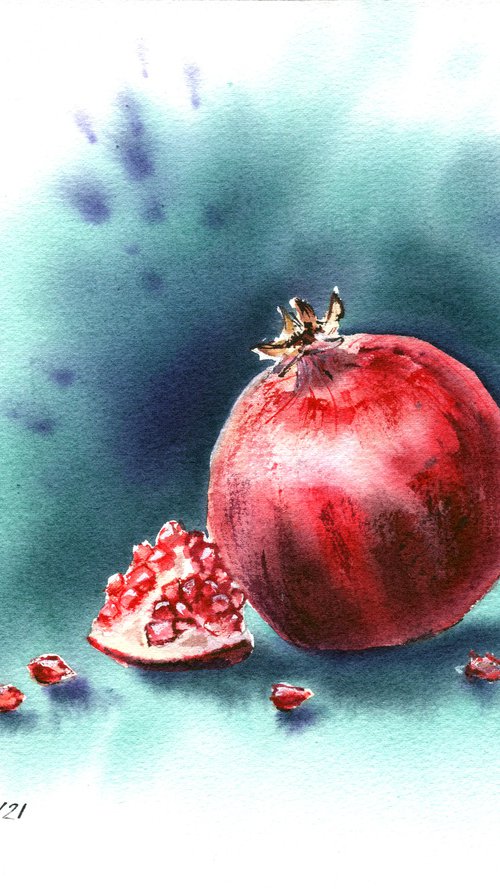 Pomegranate original watercolor painting , fruit artwork , medium format , red and green , gift idea by Irina Povaliaeva