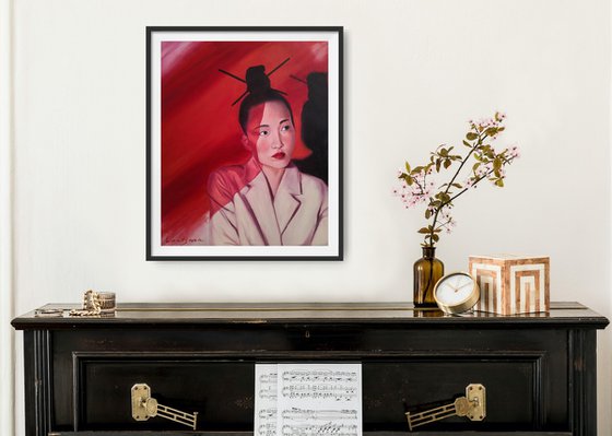 Japanese woman portrait in red colors