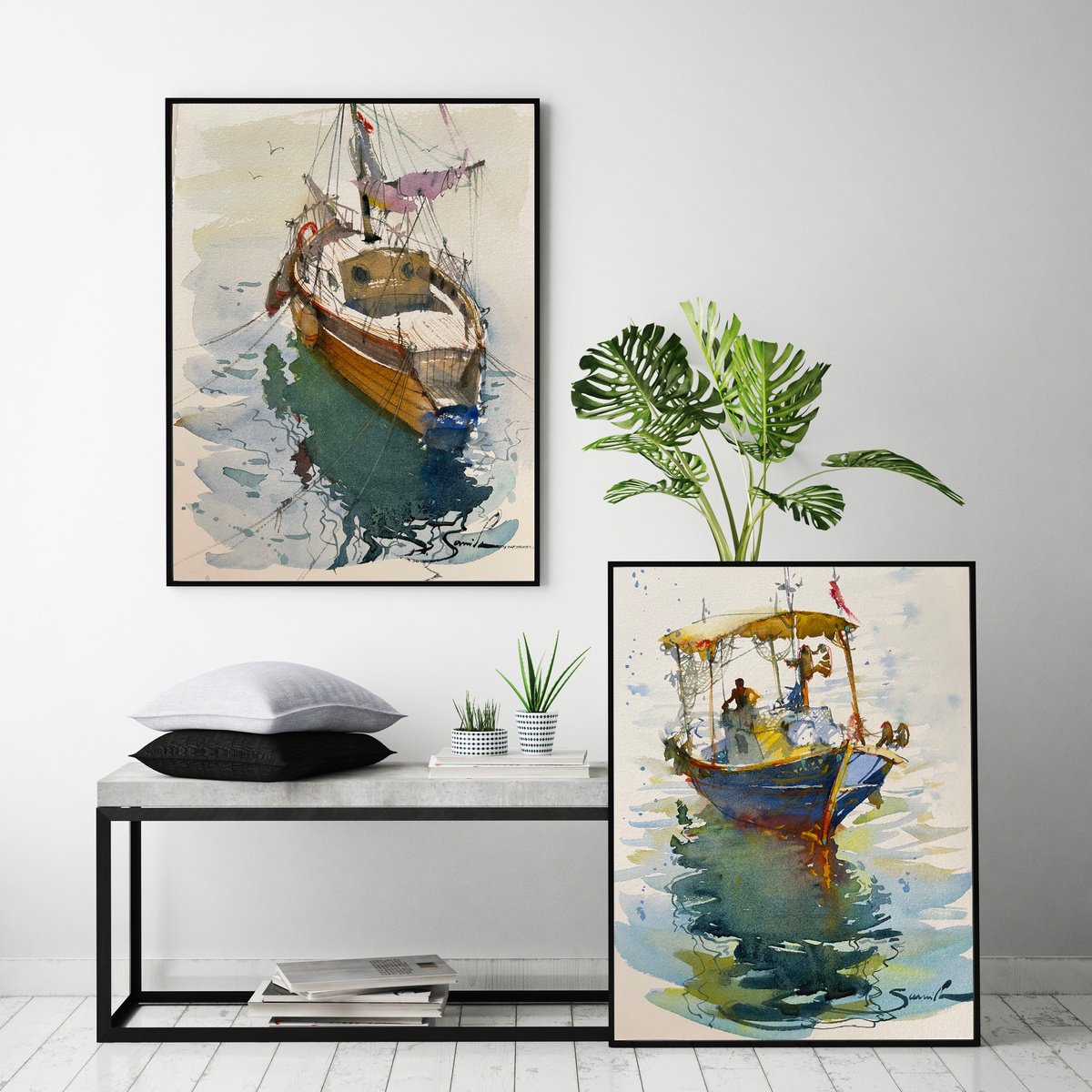 Yachts Set of two paintings by Samira Yanushkova