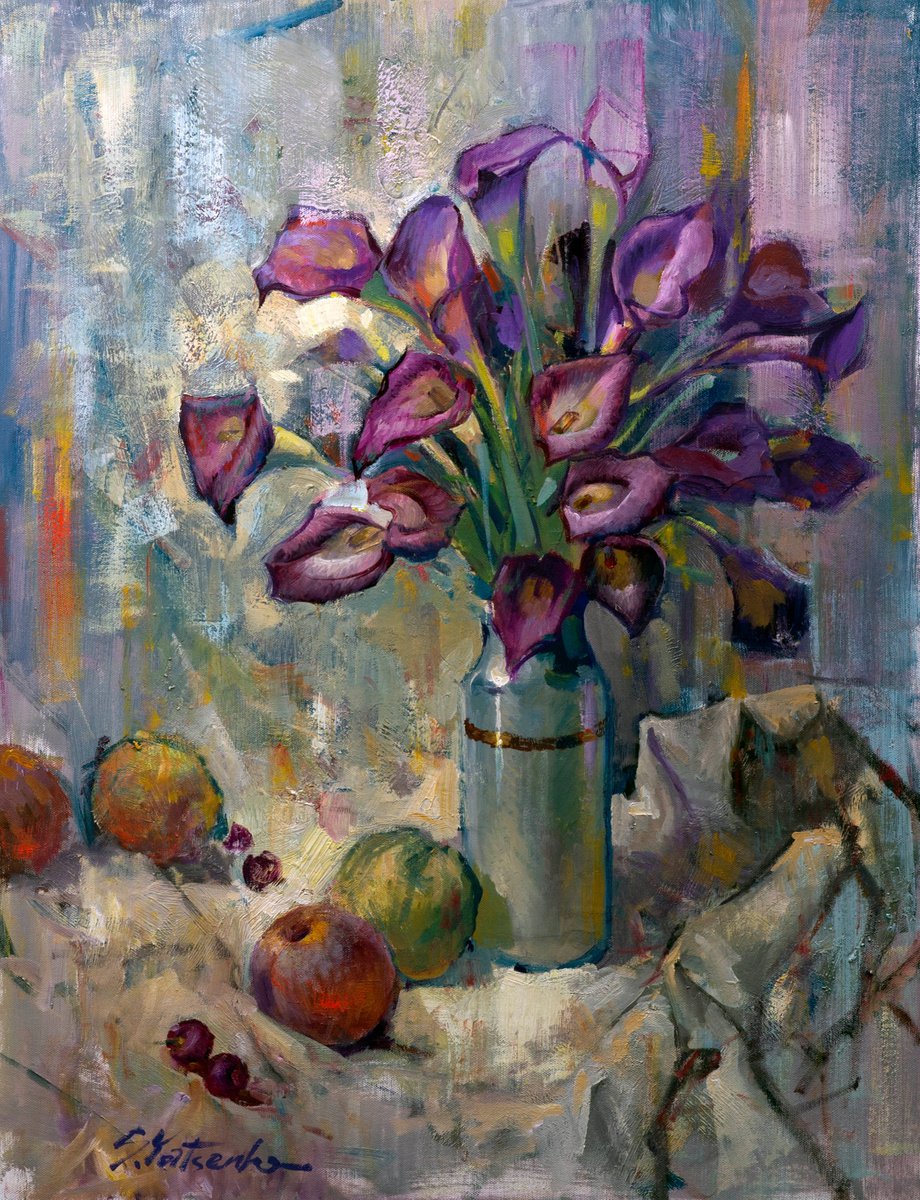 Impressionistic Botanical Oil Painting By Sergei Yatsenko, 23 X 30", Flowers In A Ceramic Vase, Original Artwork