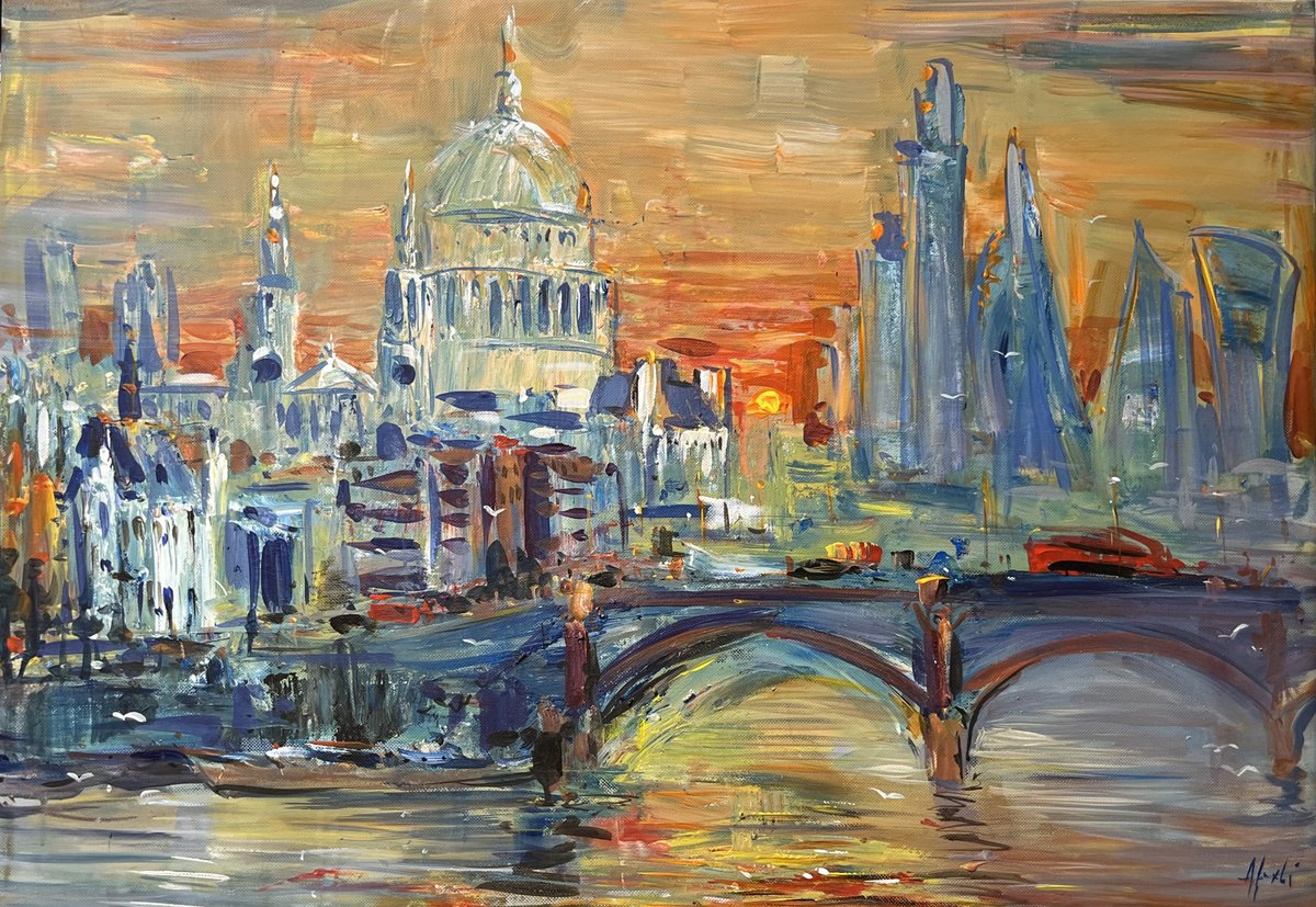 LONDON SUNRISE , abstract impressionist painting 70x100cm by Altin Furxhi