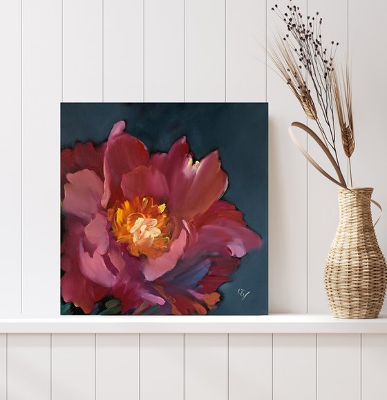 Original oil painting red peony on canvas