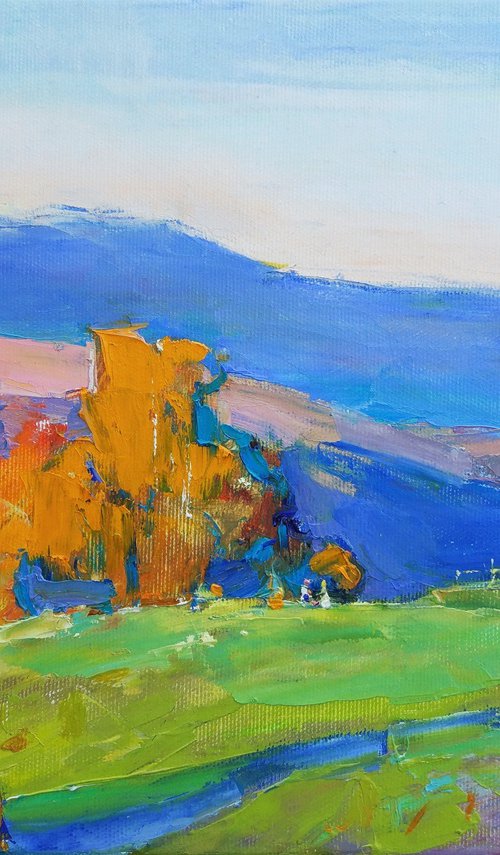 Warm days | Mountain landscape | Orange and blue | Original oil painting by Helen Shukina