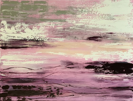 Pink SunSet  Landscape Gray White Abstract Art.