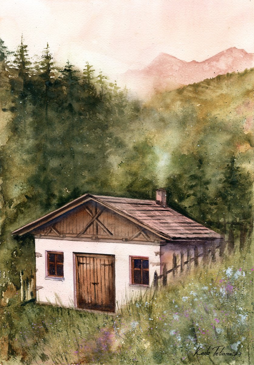 Photorealistic Landscape Watercolour By Tetiana Koda, 12 X 17", The House In The Forest, Original Artwork
