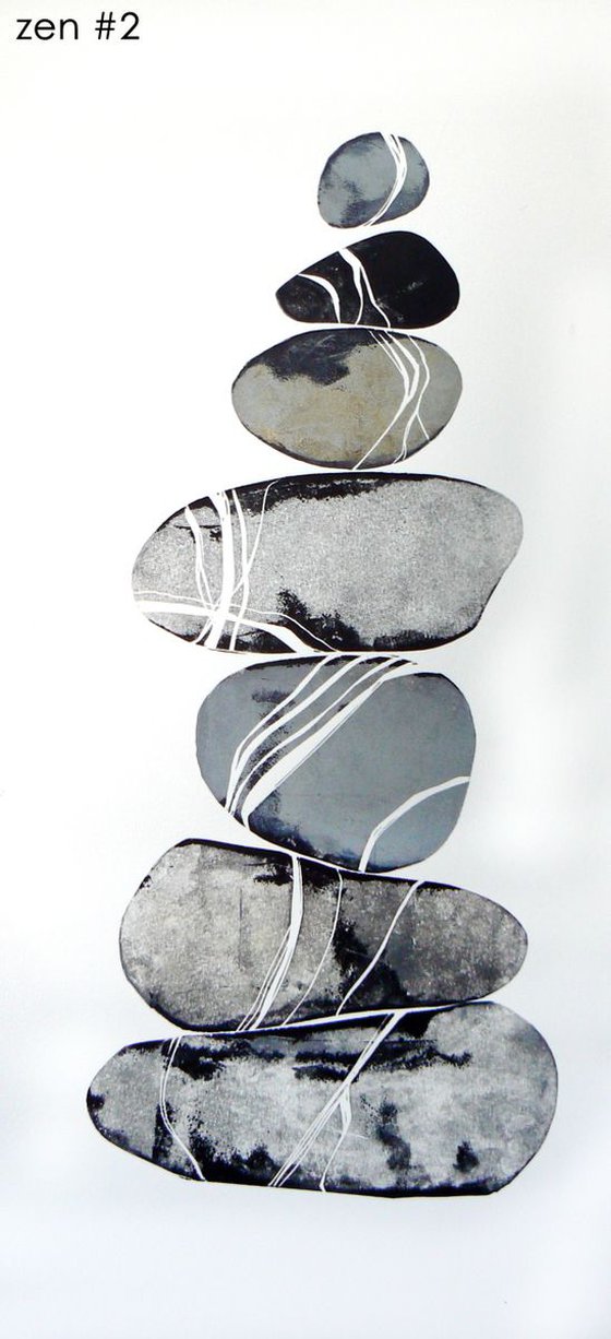 Zen stones (seven stones - banded balancing stones lino/monoprint)