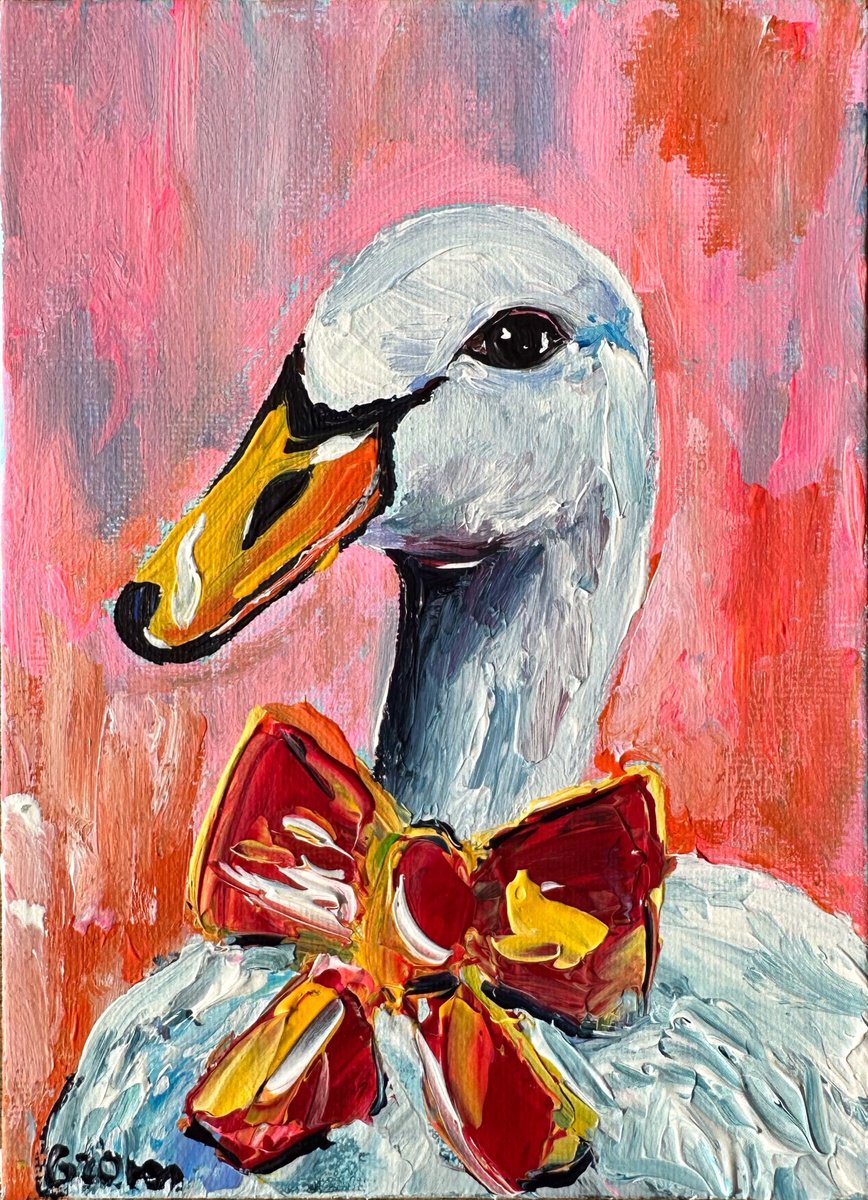 Impressionistic Animal Acrylic Painting By Oksana Fedorova, 5 X 7", Portrait Goose With Bow, Original Artwork