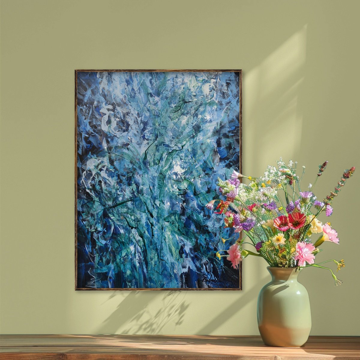 Abstract Acrylic Painting By Katia Solodka, 12 X 16", Emerald Stillness, Original Artwork