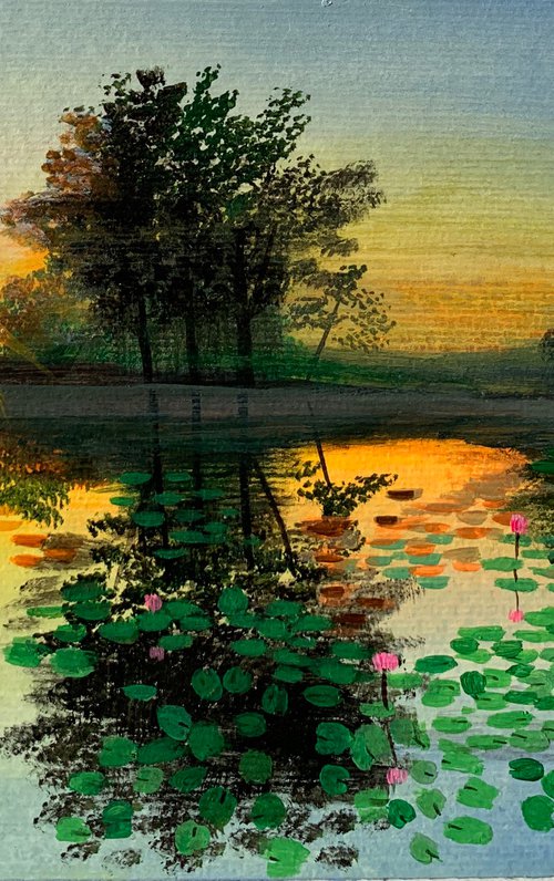 Water lily pond at sunrise ! A4 Painting on paper by Amita Dand