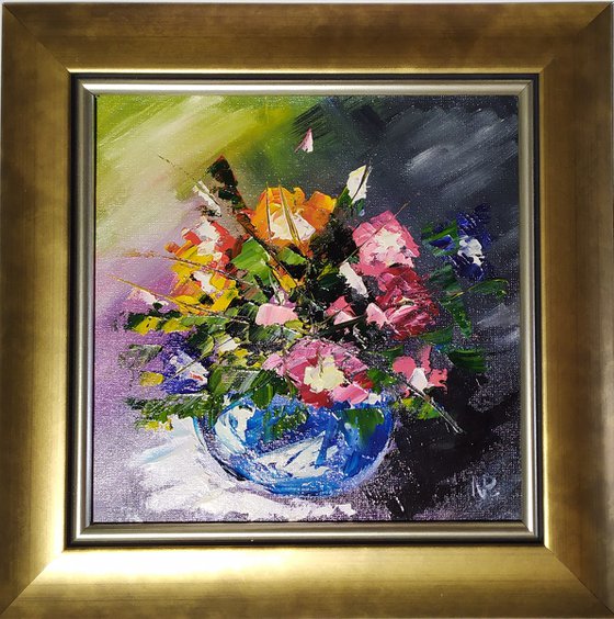 Abstract flowers, original small framed oil painting, gift idea, palette knife painting
