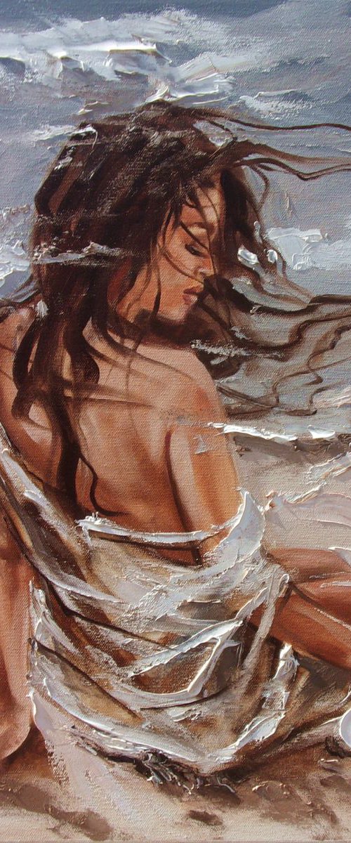 " A DAY "- SKY SEA SAND liGHt  ORIGINAL OIL PAINTING, GIFT, PALETTE KNIFE by Monika Luniak