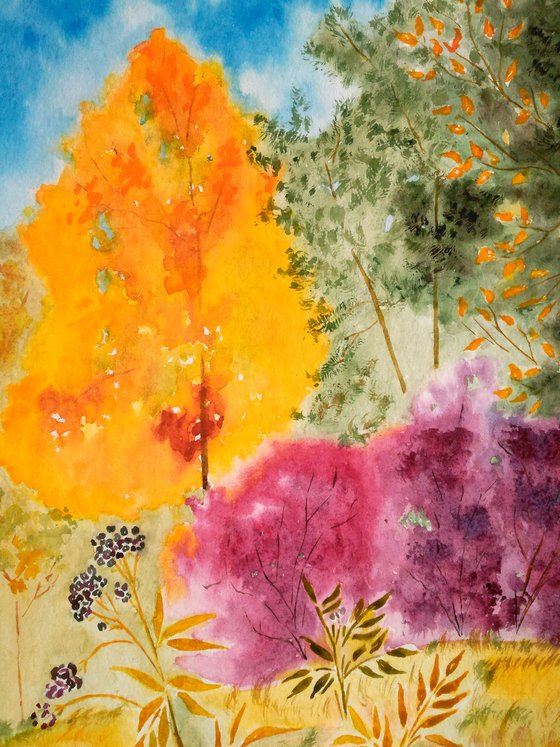 autumn landscape original watercolor painting red trees impressionistic watercolor'Red autumn"